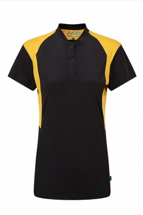 JUCO Eco Senior Girls' Blade Collar Polo Shirt - Black and Amber